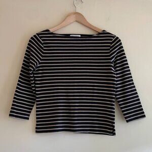 VINTAGE Jones New York Sport 100% Cotton Black & Tan Striped Boat Neck 3/4 Sleev